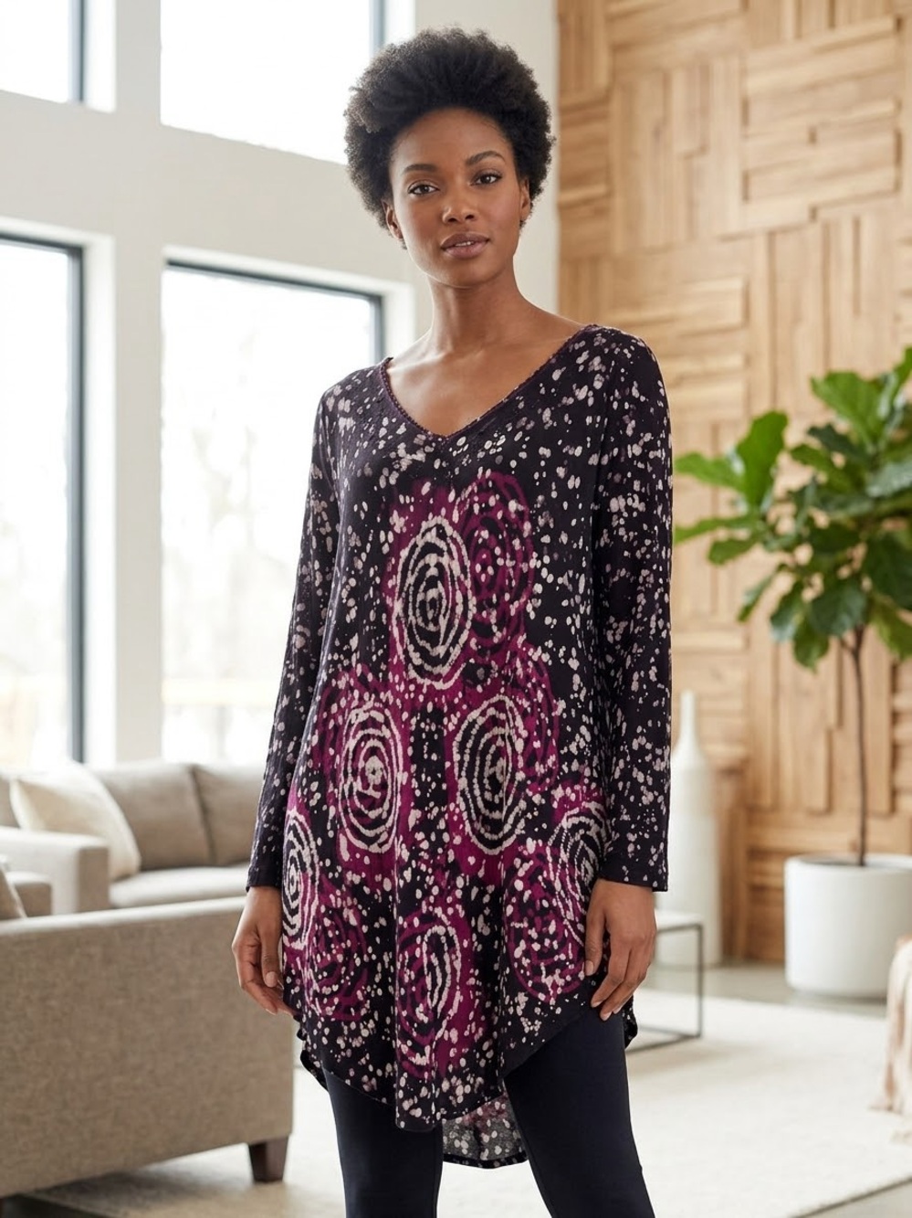 V-Neck Long Sleeve Tunic with Magenta Spiral Floral Print - Black
